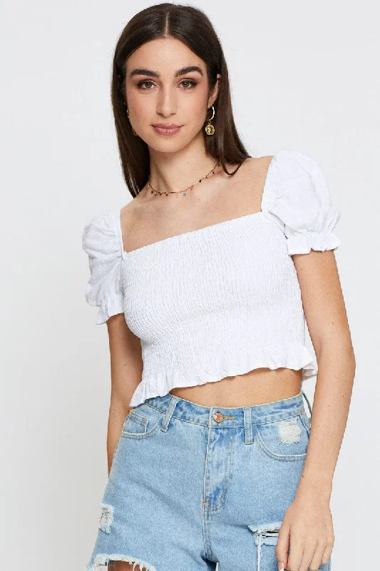 White Crop Top Short Sleeve Square Neck Shirred Waist Minimalist Women's Casual