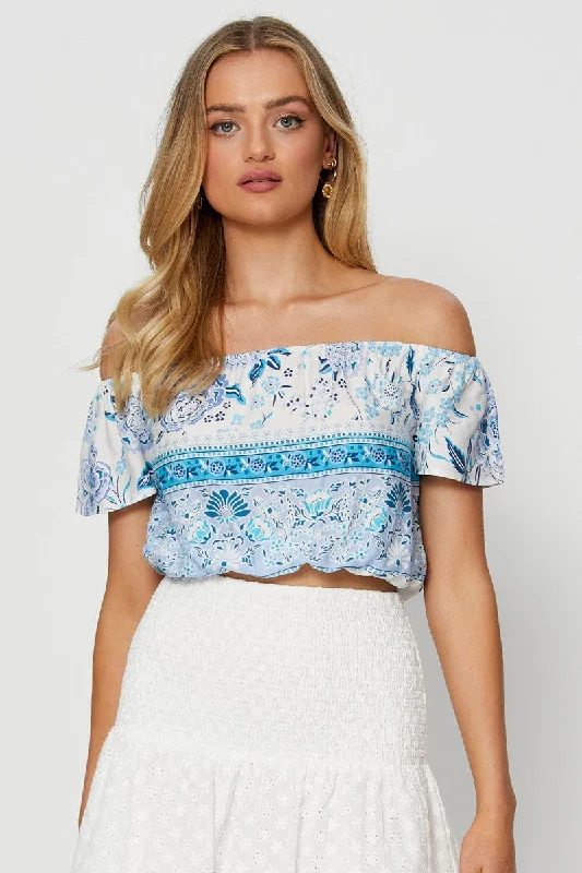 Boho Print Wrap Top Off Shoulder Tie Up Crop Preppy Women's College