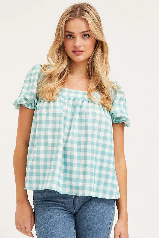 Check Scoop Neck Top Short Sleeve Refined Women's Classic 