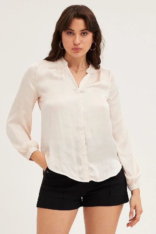 White Shirt Long Sleeve Gathered Satin French