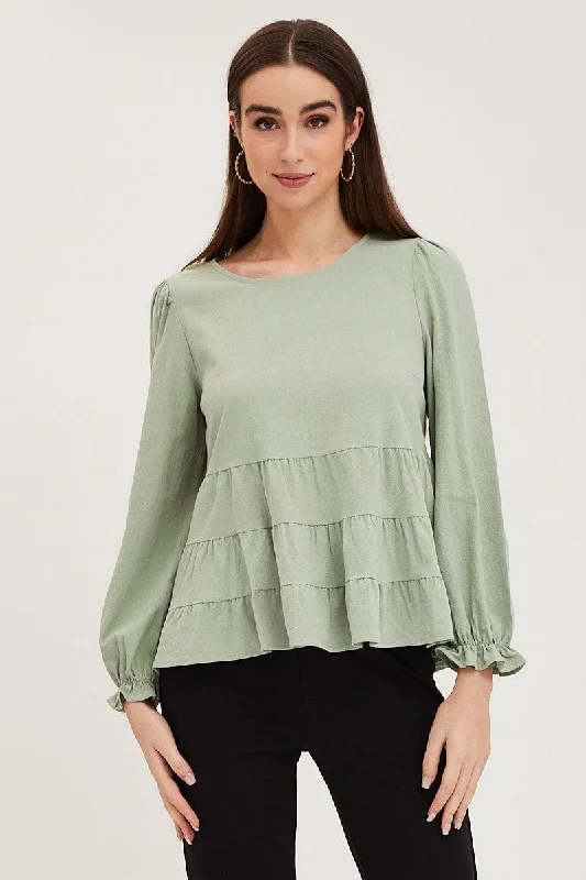 Green Smock Top Long Sleeve Sporty Women's Athleisure 