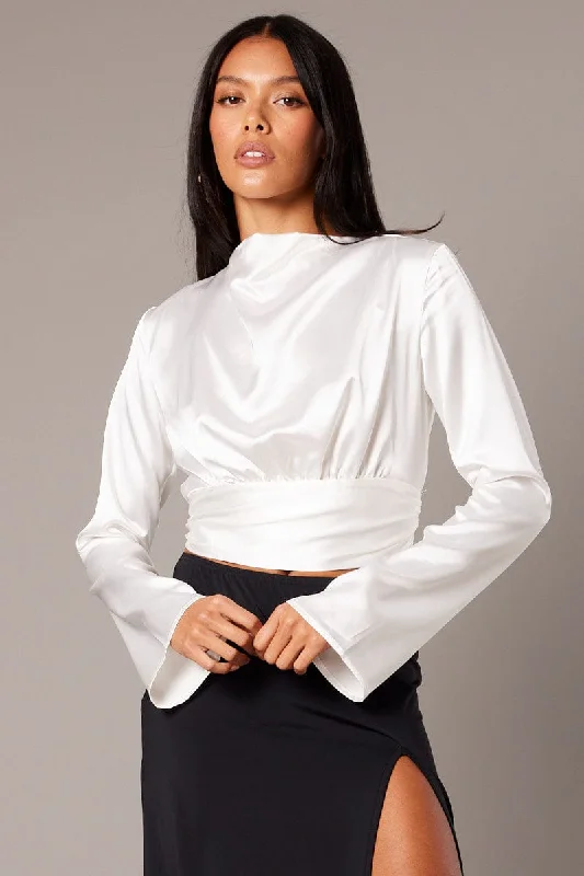 White Backless Top Flared Sleeve High Neck Blouse Confident Women's High - fashion