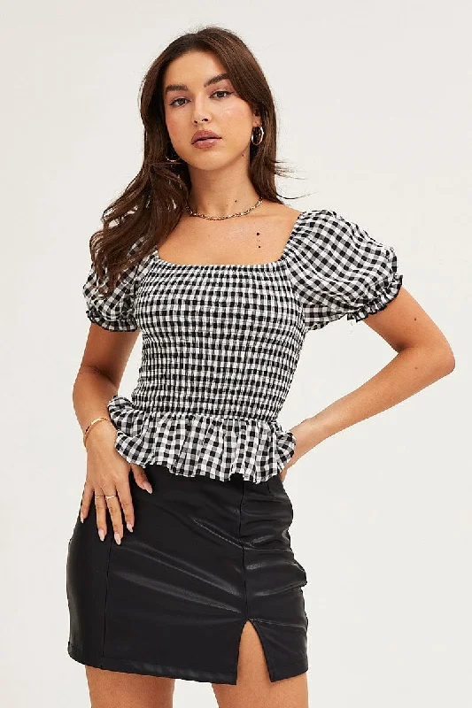 Check Gingham Puff Sleeve Shirred Top Elegant Women's Formal 