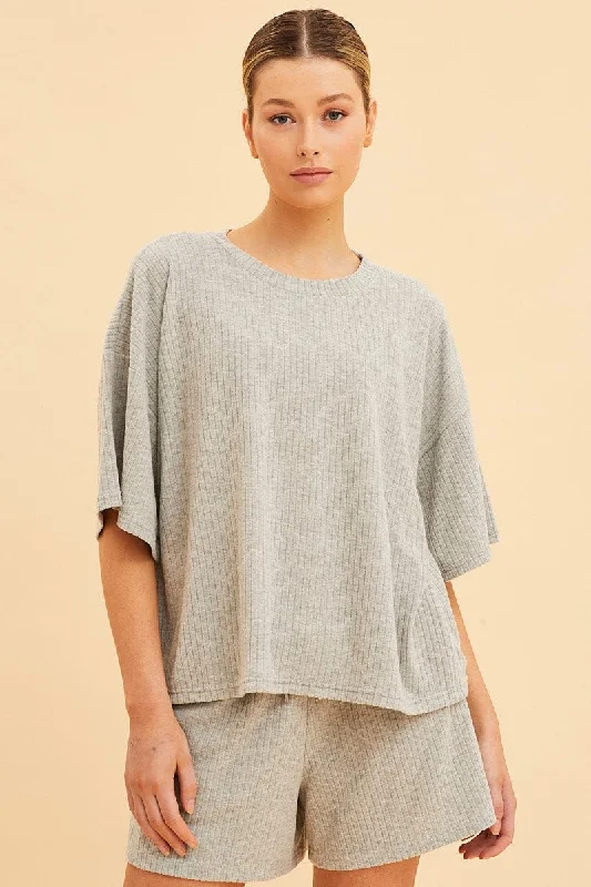 Grey Lounge T-Shirt Waffle Crew Neck Short Sleeve Bold Women's Animal Print