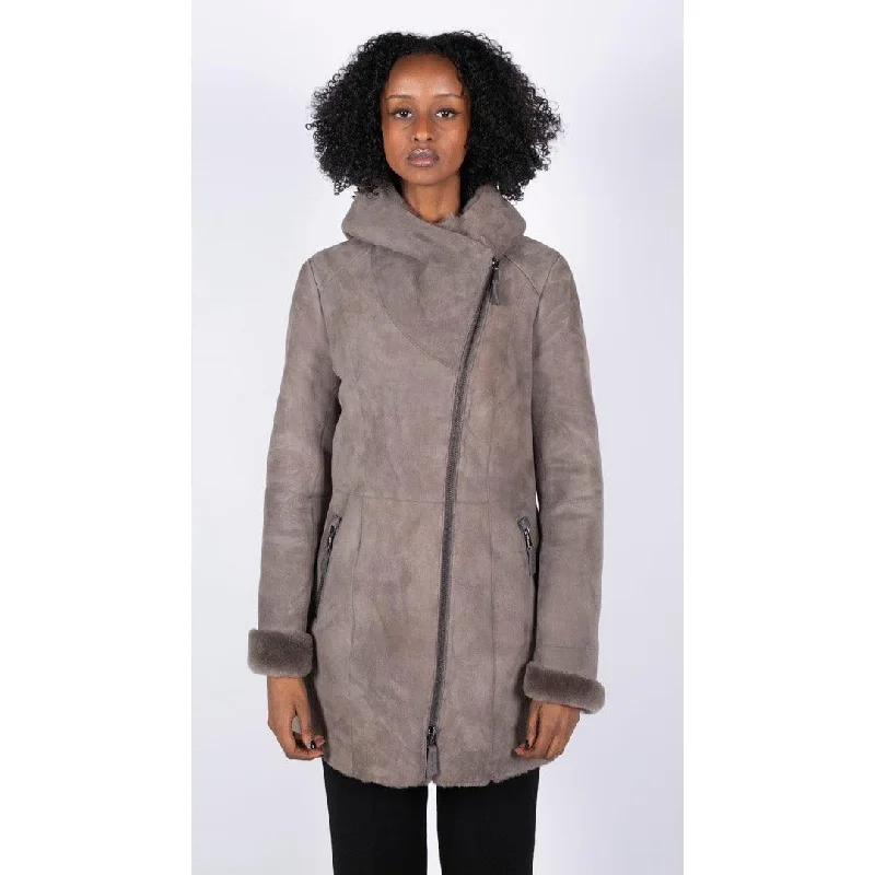 Womens 3/4 Mid Length Real Sheepskin Beige Vintage Toscana Suede Hood Coat Casual Women's Japanese 