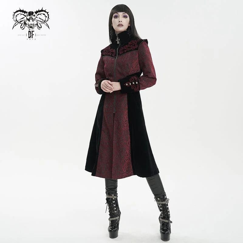 Women's Gothic Stand Collar Floral Embroidered Coat Red Artistic Women's Hand - painted