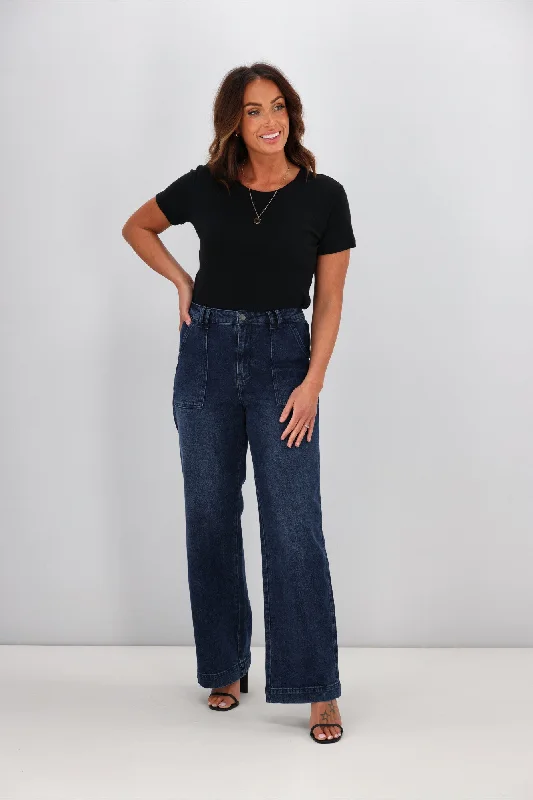 Shine On Label Noah Wide Leg Patch Pocket Jeans Indigo Cool Women's Distressed