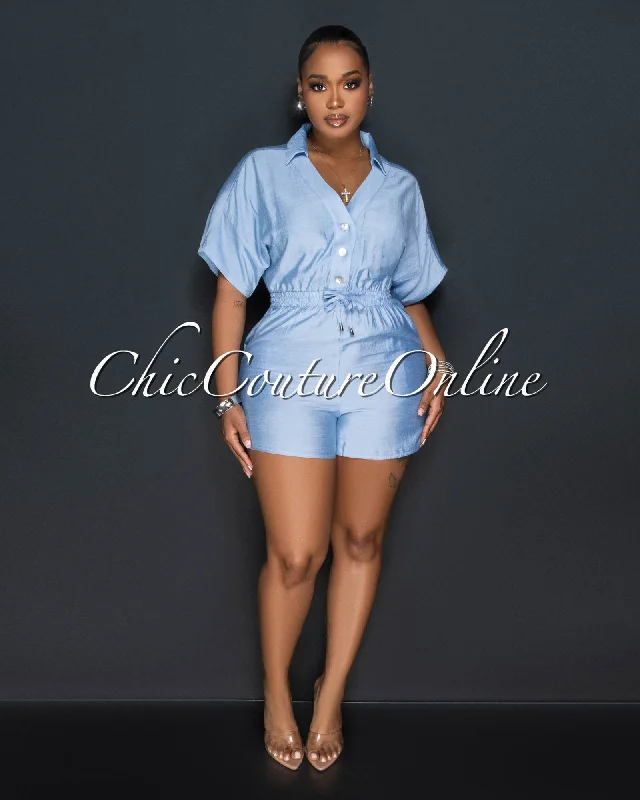 Fausta Baby Blue Front Buttons Utility Romper Geometric