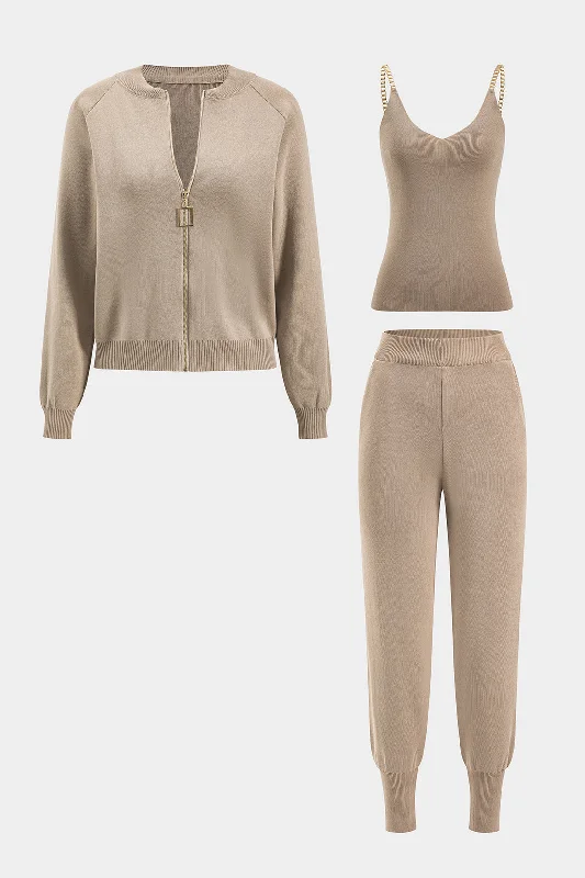 Knit Metallic Zipper Round Neck Long Sleeve Cardigan And Tank Top And Trousers Set Bold Women's Statement