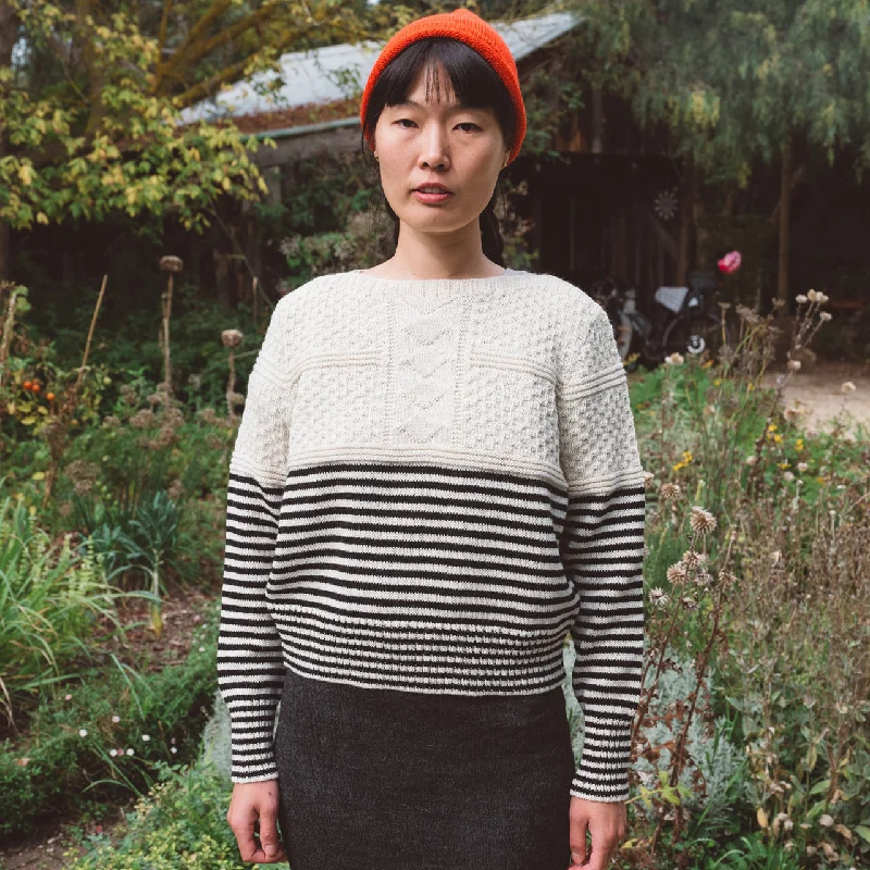 Women's Gansey Sweater - 100% Highland Wool - Stripe (S-L) Relaxed Women's 