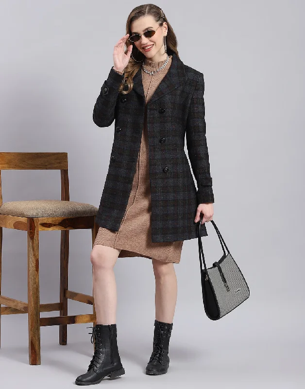 Women Blue Check Collar Full Sleeve Coat Unique Women's Upcycled