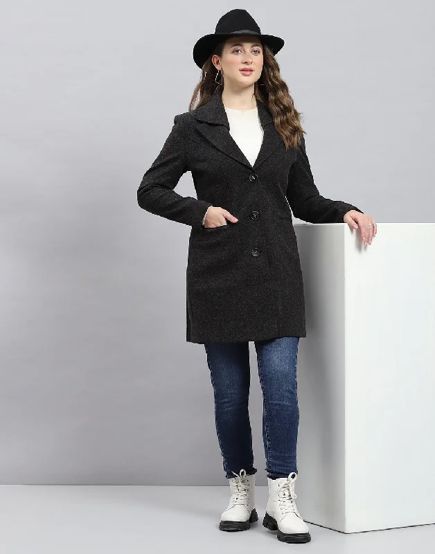 Women Grey Solid Notch Lapel Collar Full Sleeve Coat Country