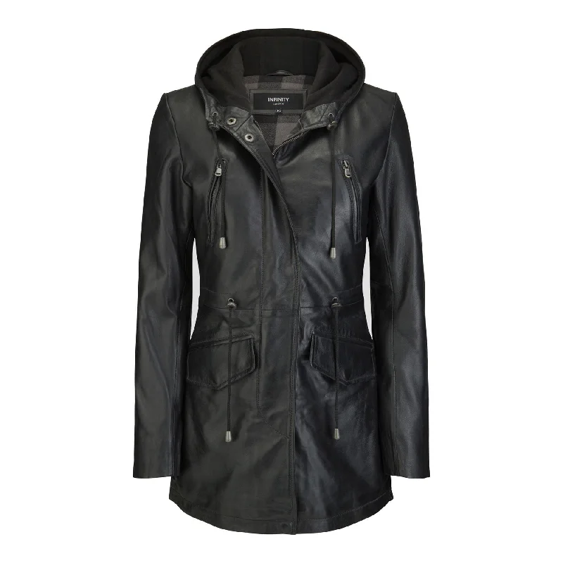 Womens Real Leather Peacoat Hooded Parka Jacket Navy Blue Brown Tailored Fit 3/4 Long Street