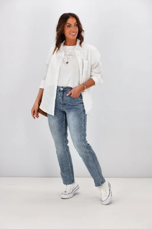 Shine On Label Taylor Paneled Jean Washed Indigo Dapper Women's Bow - adorned