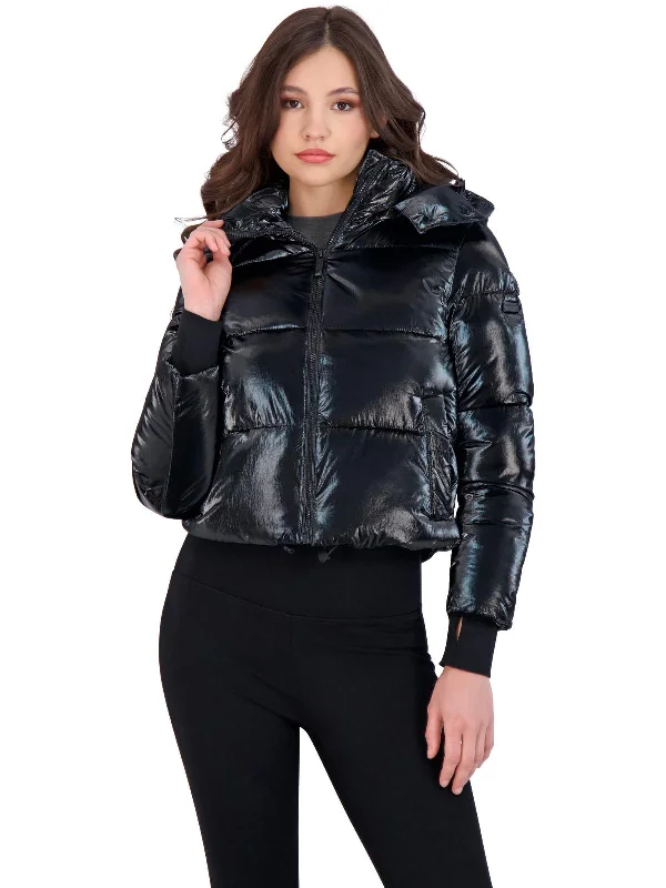 Cropped Liquid Puffer Womens Metallic Cropped Puffer Coat Elegant Women's Formal 