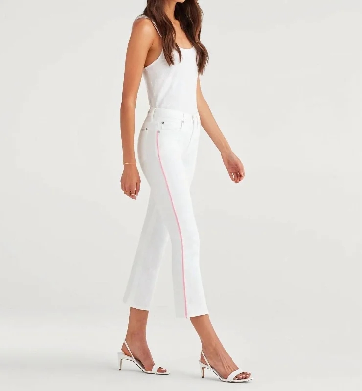 High Rise Flare Crop Piping Jeans In White, Pink Feminine Women's Soft 