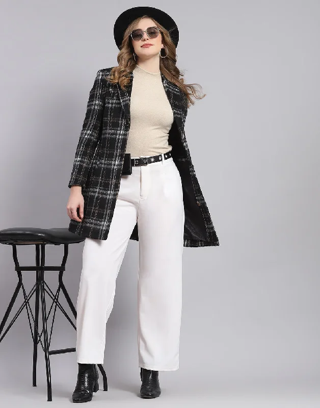 Women Black Check Lapel Collar Full Sleeve Coat Monochromatic Office Style