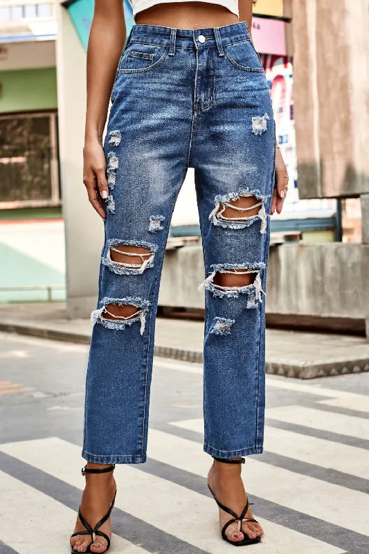 Distressed High Waist Straight Jeans Minimalist Women's Casual