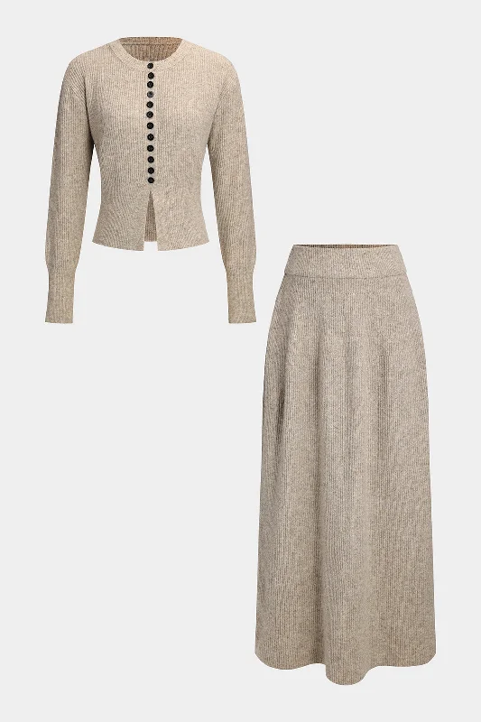 Knit Button Round Neck Long Sleeve Cardigan And Skirt Set Athletic Women's High - 