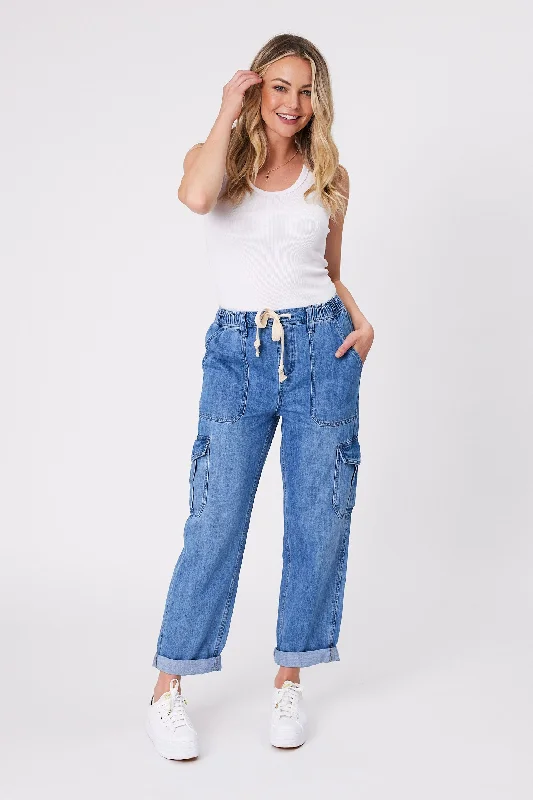 Shine On Label Xander Denim Cargo Jogger Blue Classic Women's Pin - striped