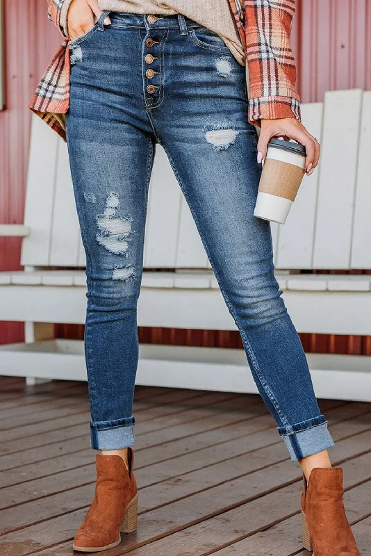 Button-Fly Distressed Jeans with Pockets Youthful Women's Anime - inspired