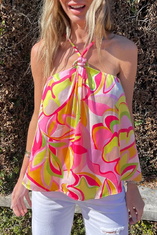 Abstract Floral Print Knotted Halter Tank Top Refined Women's Velvet