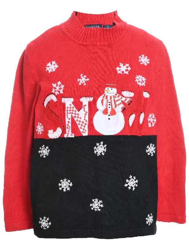 Snowman Design Black & Red Christmas Jumper - M Refined Women's 