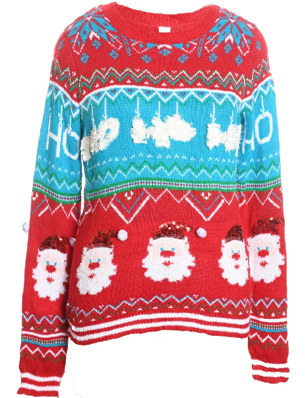 Red & Light Blue Patterned Christmas Jumper - L Sophisticated Women's 