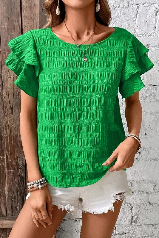 Textured Ruffled Sleeve Round Neck Top Bohemian Women's Free