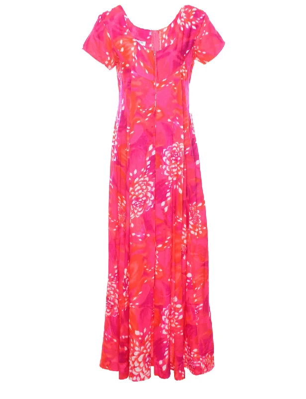 1970s Floral Print Pink & Orange Dress - M Feminine Women's Soft 