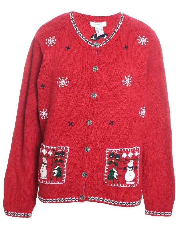 Snowman Design Red Embroidered Christmas Cardigan - M Vintage Women's 1970S 