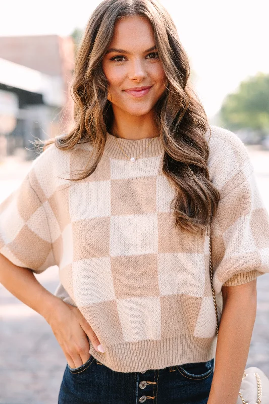 Love Like That Latte Brown Checkered Crop Sweater Preppy Women's College